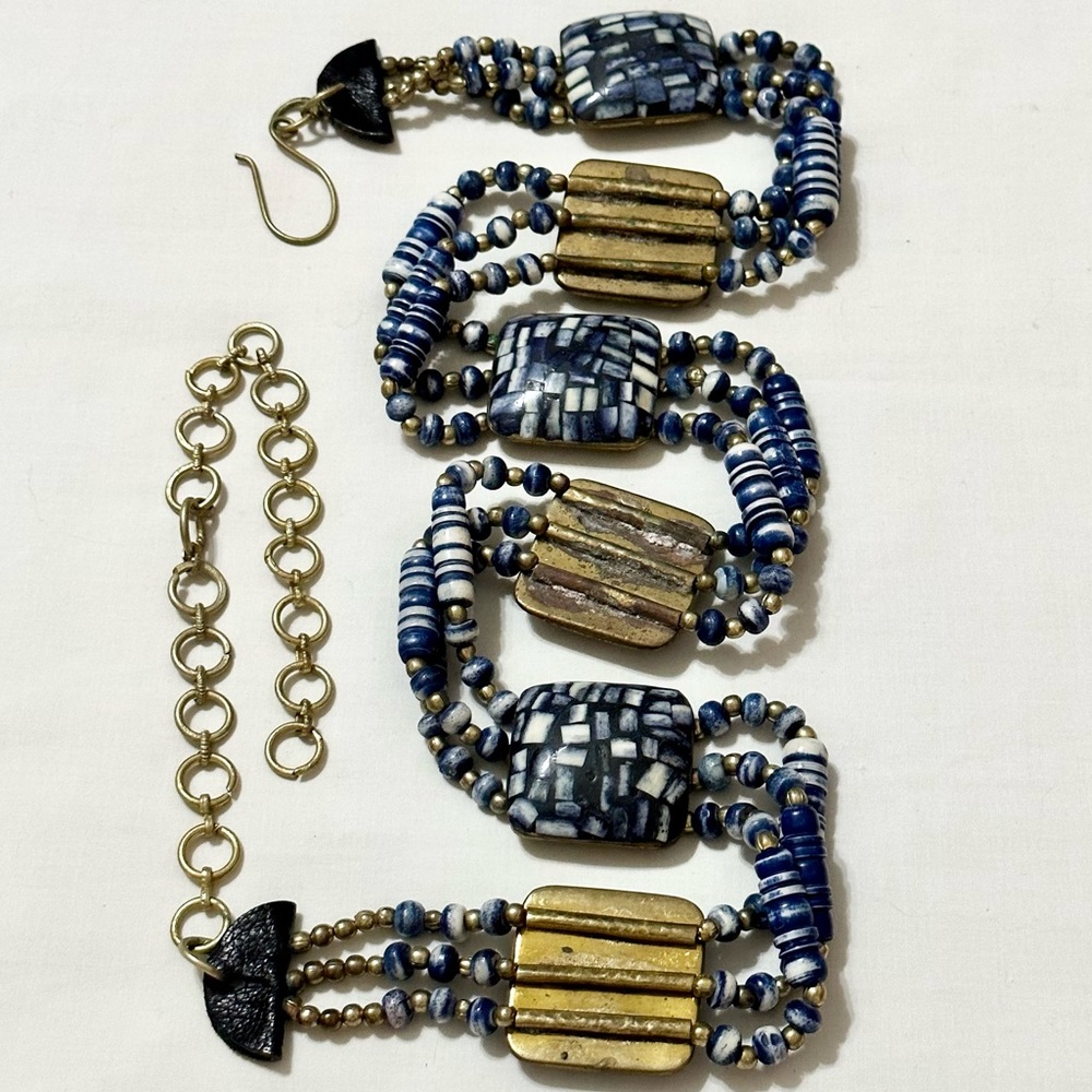 Vintage Brass Chain Belt with Blue and White Beading and Mosaic Square Links